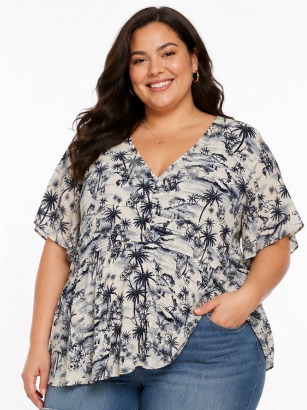 Torrid White Navy Tropical Palms Skeleton Print V-Neck Top Rayon Plus Size 3X